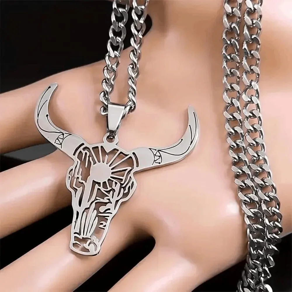 Stainless Steel Longhorn Bull Head Skull Sun Cactus Necklace